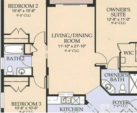 A floor plan of a home with three bedrooms, a living/dining room, a kitchen, an owner's suite, and a foyer.