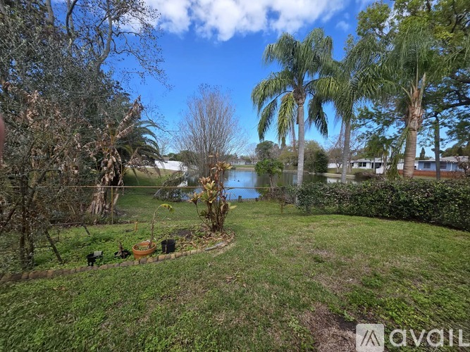 A backyard with a lawn, trees, and a body of water.