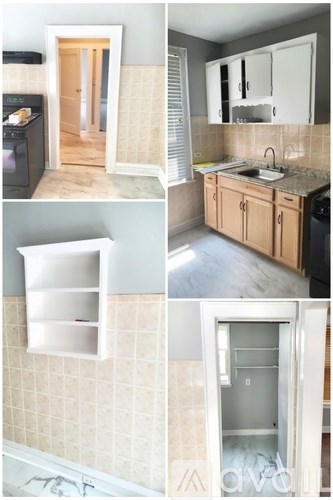 A series of images showing a kitchen with a sink, cabinets, and a door.