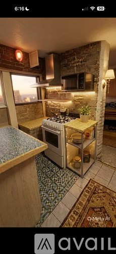 A kitchen with a stone wall and a stove top oven.