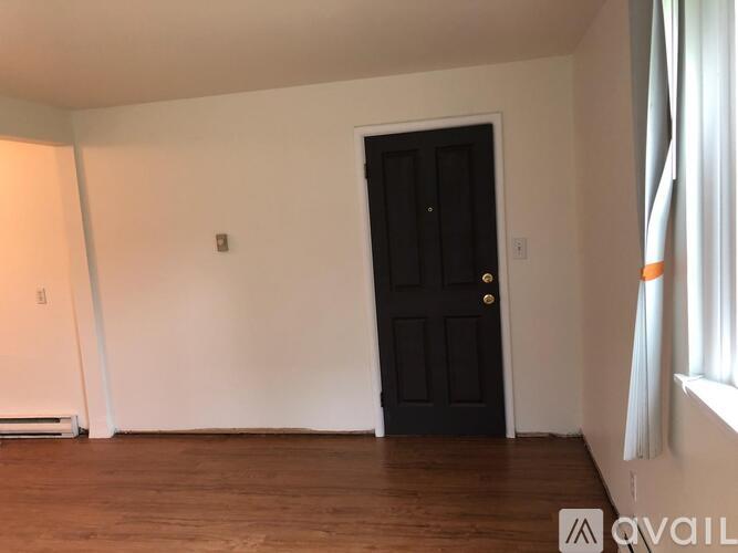 A black door is in the middle of a white wall.