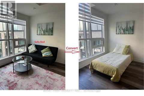A room with a sofa bed and a convertible bed.