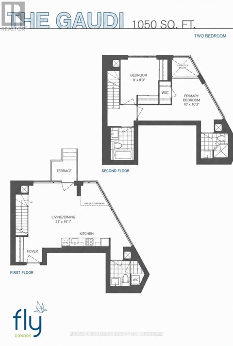 A floor plan for a two bedroom apartment at The Gaudi, measuring 1050 square feet.