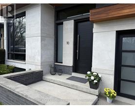 A modern house entrance with a black door and steps leading up to it.