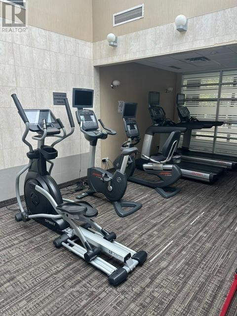 A gym with treadmills, exercise bikes and elliptical machines.
