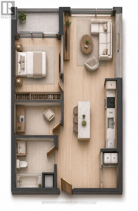 A modern apartment layout with a kitchen, living room, and two bedrooms.