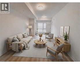 A well-lit living room with a sofa, armchairs, and a coffee table.