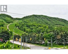 A road with traffic lights and a hill with trees in the background.