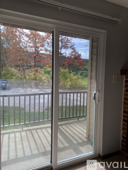 A patio door with a view of a lawn and trees.