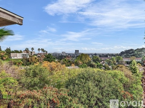 A view from a house overlooking a valley with trees and a building in the distance.