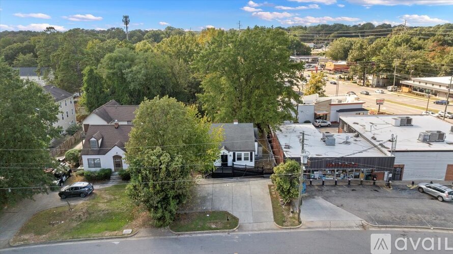 A bird's eye view of a residential area with a large house, a car, and a tree.