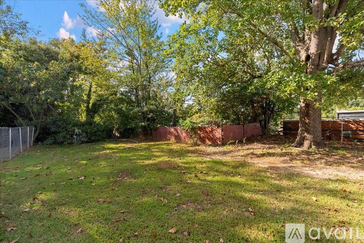 A backyard with a fence and trees.