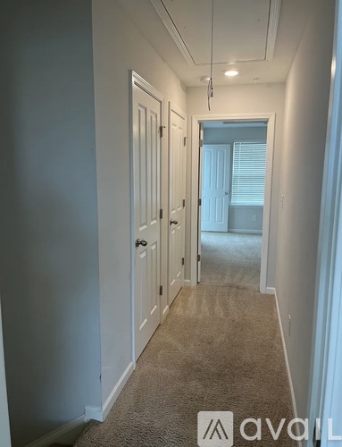 A hallway with carpeted floors and white doors.