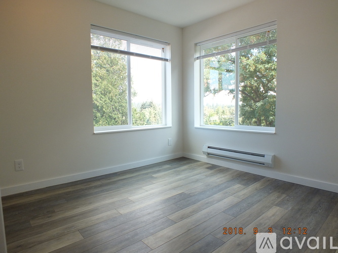 A room with wooden floors and two windows overlooking trees.