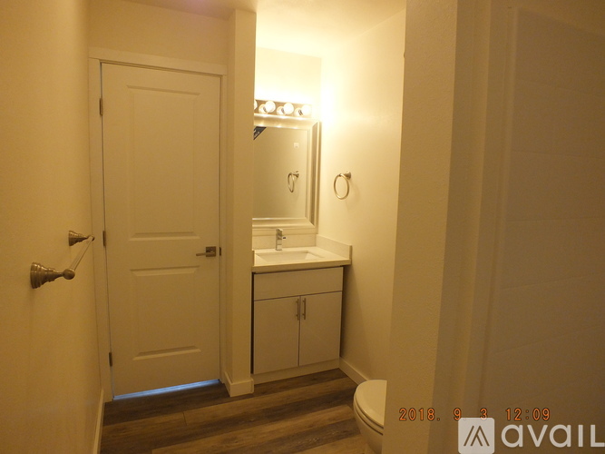 A bathroom with a toilet, sink and mirror.