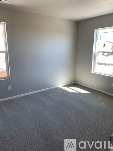 A room with grey carpet and two windows.