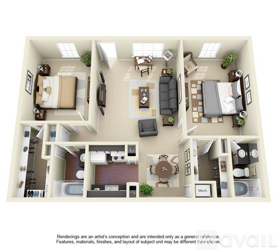 A floor plan of a house with three bedrooms, a living room, a kitchen, and a bathroom.