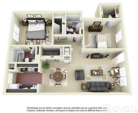 A 3D rendered image of a house layout.