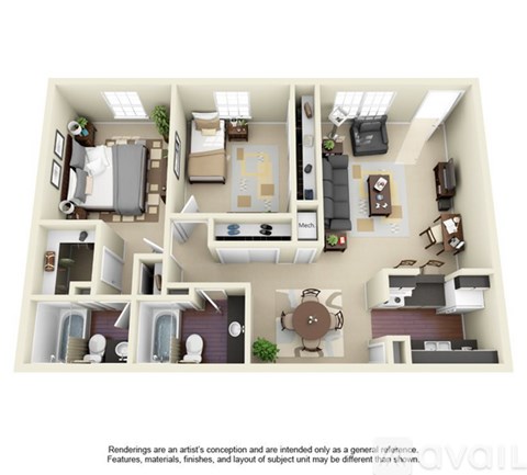 A floor plan of a house with a kitchen, living room, and two bedrooms.