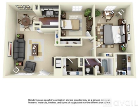 A 3D rendered image of a small apartment layout.