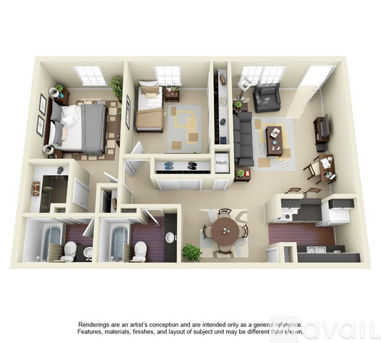 A floor plan of a house with a kitchen, living room, and two bedrooms.