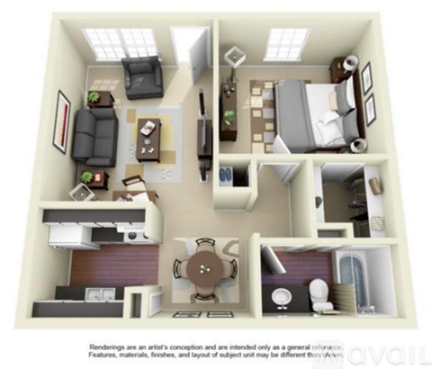A 3D rendered image of a small apartment layout.
