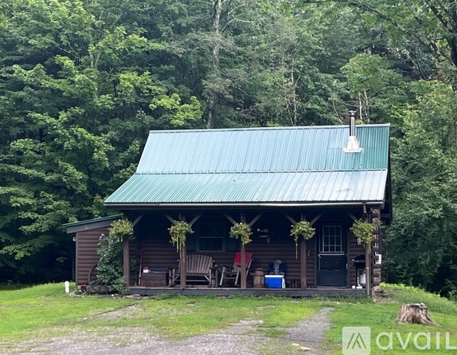 A small wooden cabin with a green roof is surrounded by trees.