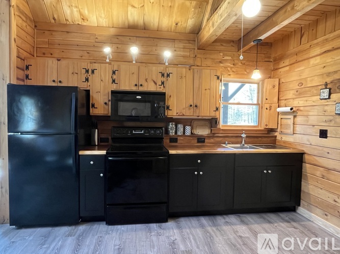 A black fridge, oven and microwave in a wooden kitchen.