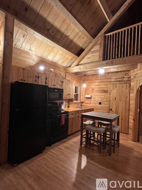 A kitchen with wooden walls and a black fridge.