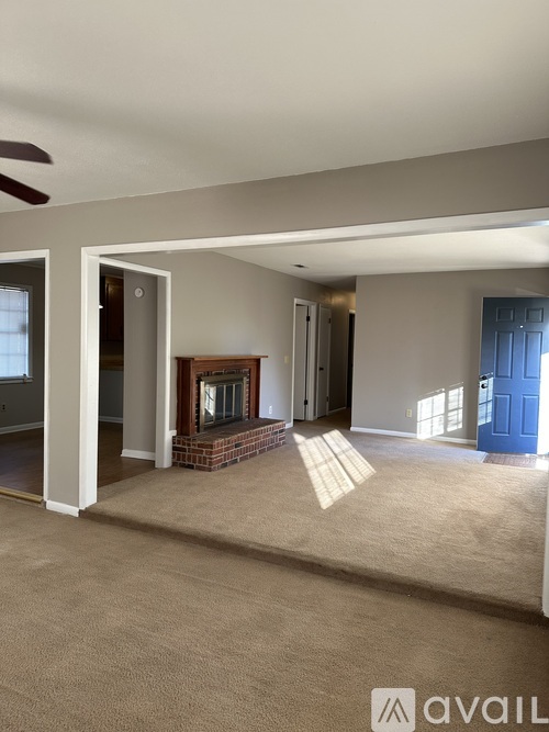 A living room with a fireplace and a blue door.