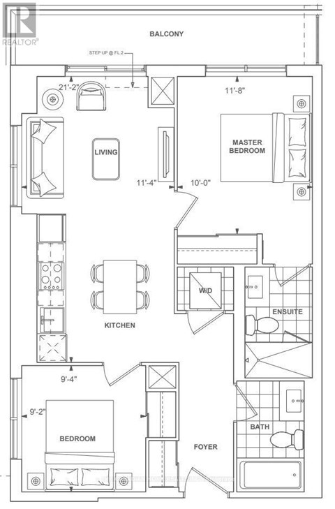 A floor plan of a balcony, living room, kitchen, and bathroom.