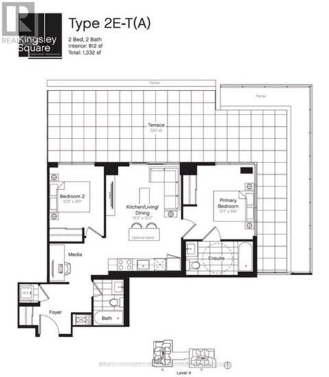 A black and white image of a Type 2E-T(A) floor plan for a 2 Bed, 2 Bath interior.