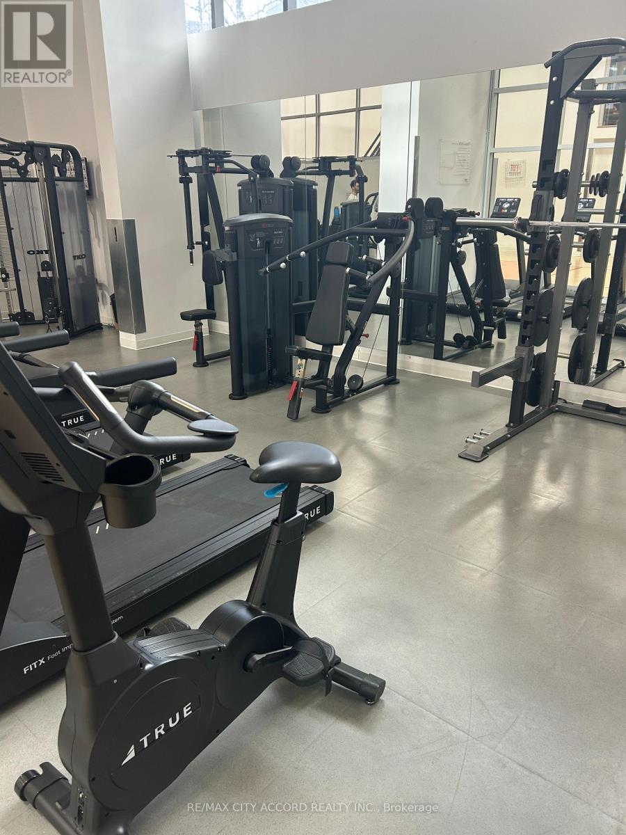 A gym with a variety of equipment including treadmills and weights.