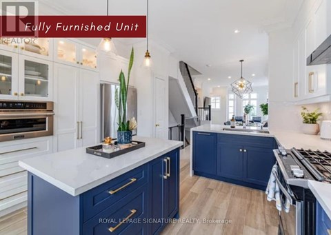 Fully furnished unit in a modern kitchen with blue cabinets.