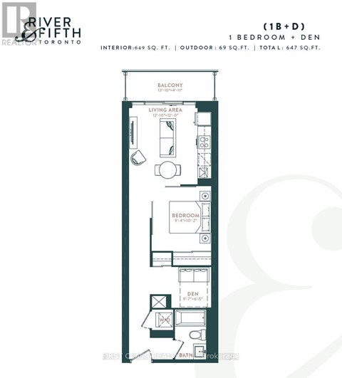A floor plan for a 1 bedroom apartment with den sized at 649 square feet.