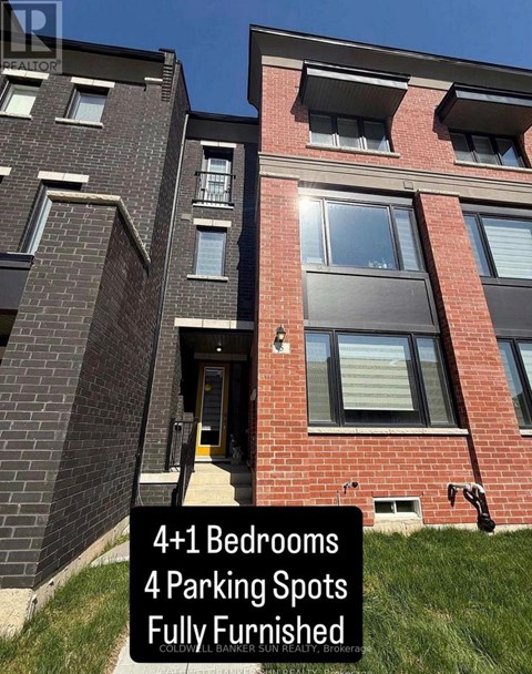 A building with a sign that says "4+1 Bedrooms 4 Parking Spots Fully Furnished".