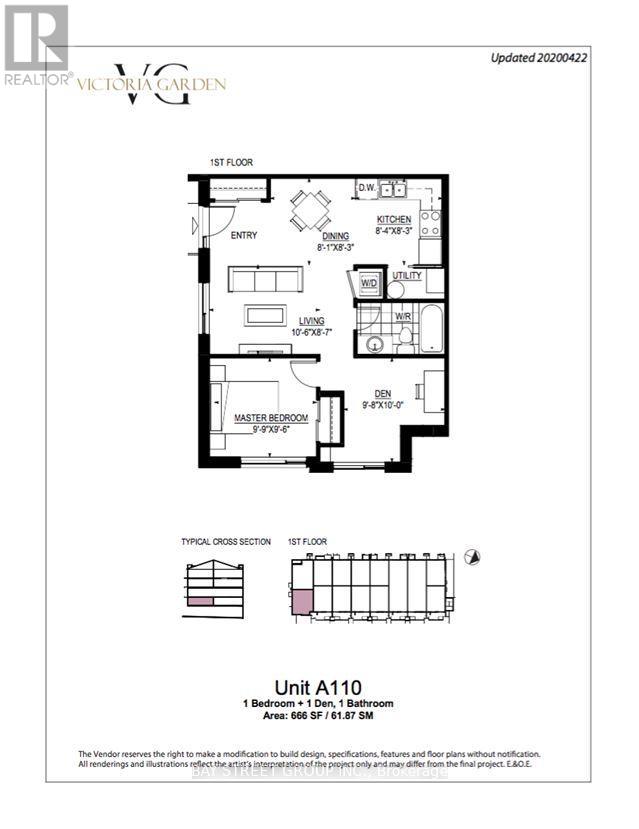 A floor plan for a property with a 1st floor layout including an entry, kitchen, dining area, living room, and a master bedroom.