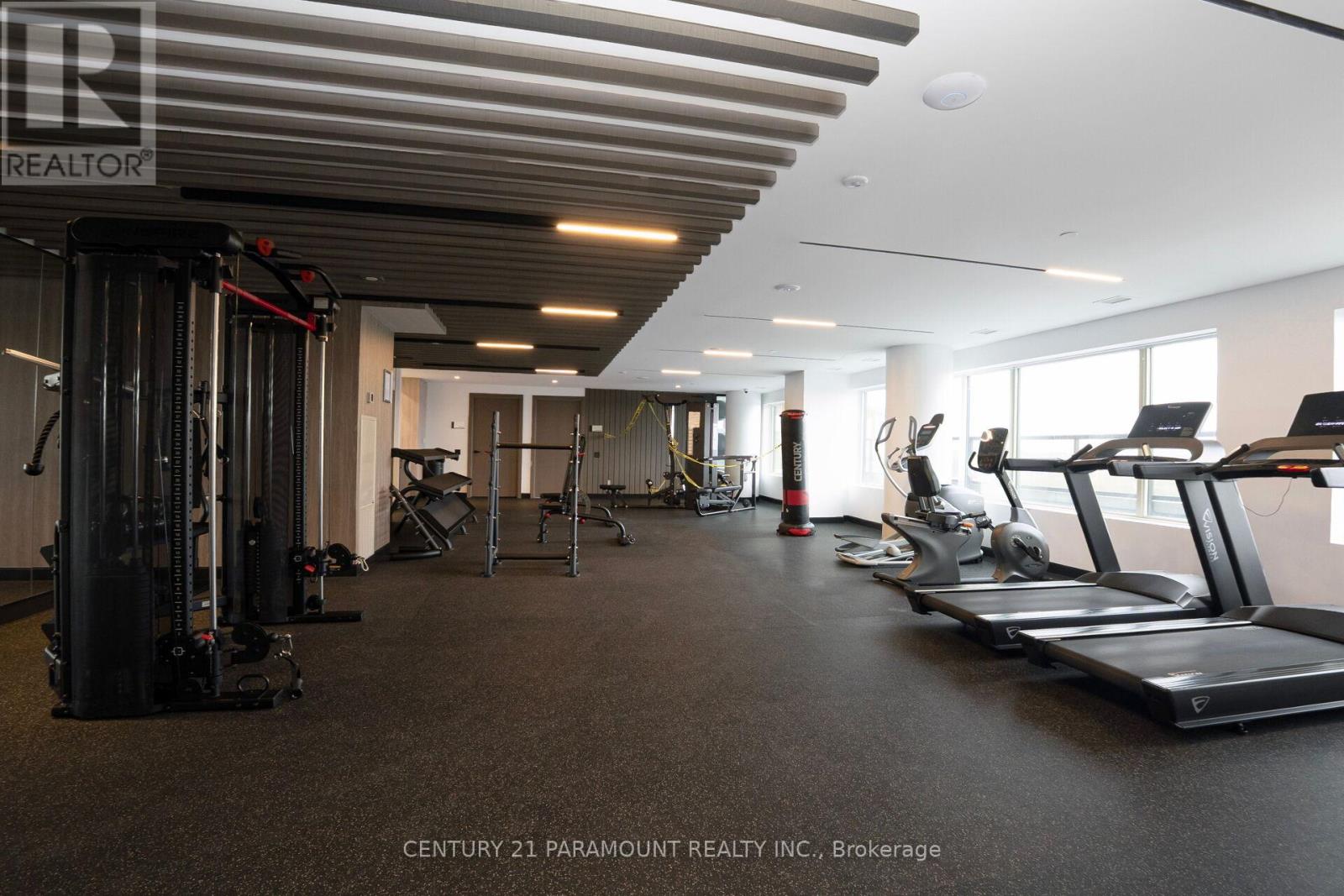 A gym with a treadmill, weights and other exercise equipment.