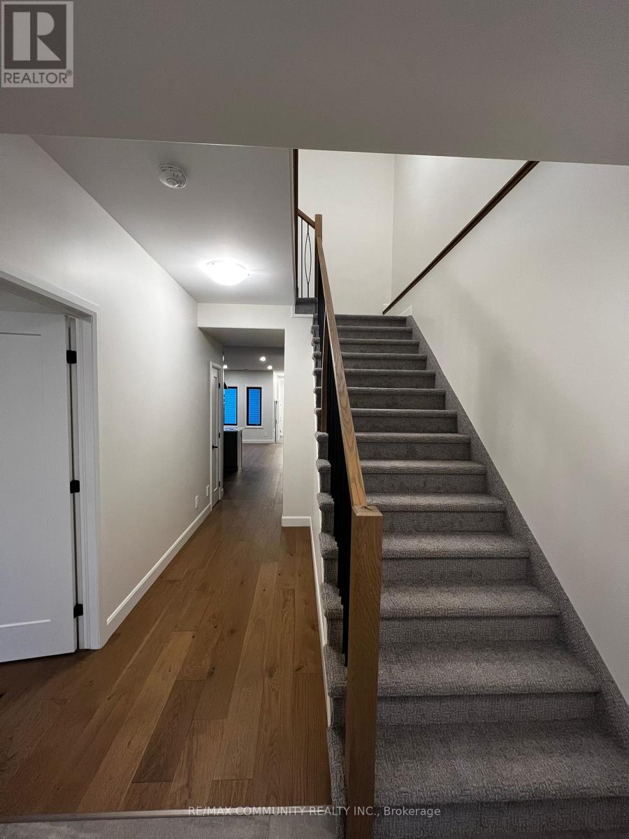 A staircase with a carpeted runner and wooden handrail.