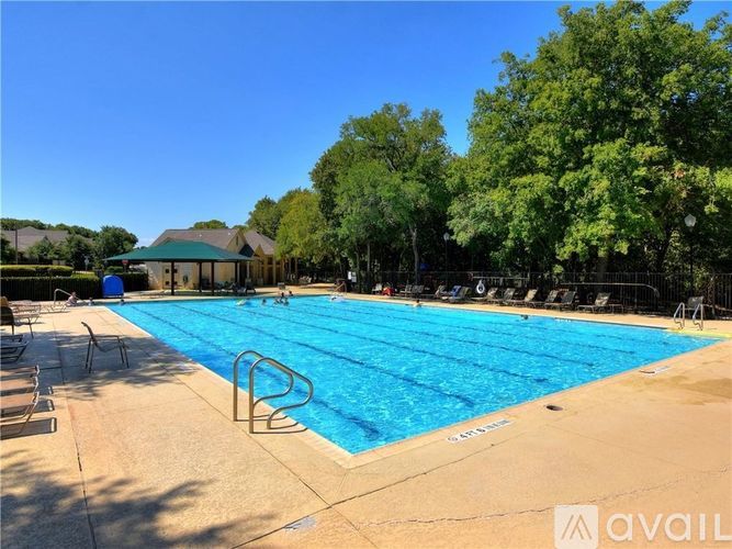 A large outdoor swimming pool surrounded by trees and lounge chairs.