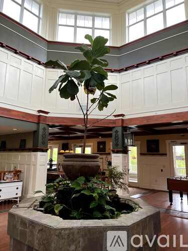 A plant in a pot sits on a stone pedestal in a spacious room.
