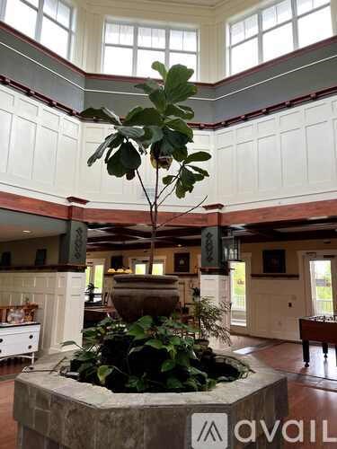 A plant in a pot sits on a stone pedestal in a spacious room.