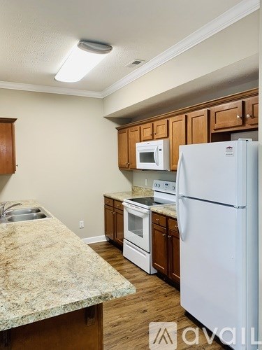 A kitchen with a white refrigerator, wooden cabinets, and a granite countertop.