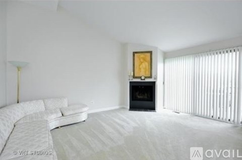 A living room with a white sofa and a fireplace.