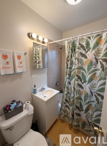 A bathroom with a toilet, sink, and shower curtain.