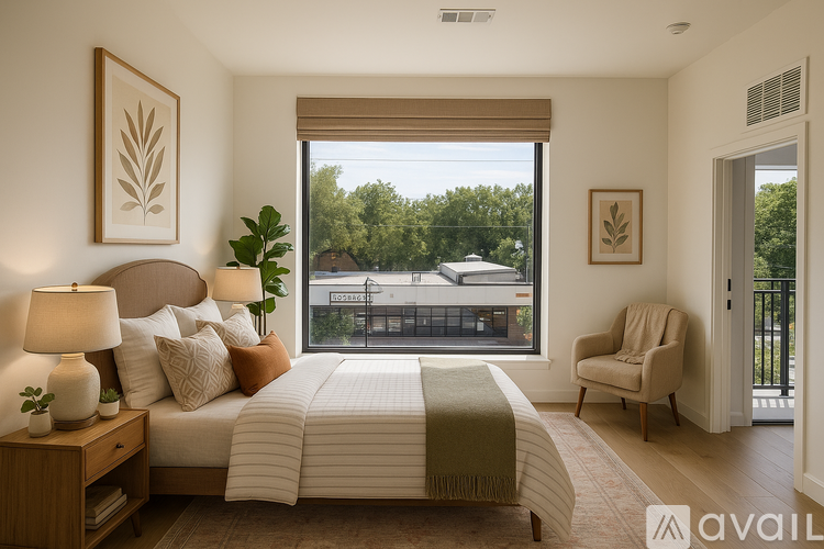 A bedroom with a large bed and a chair.