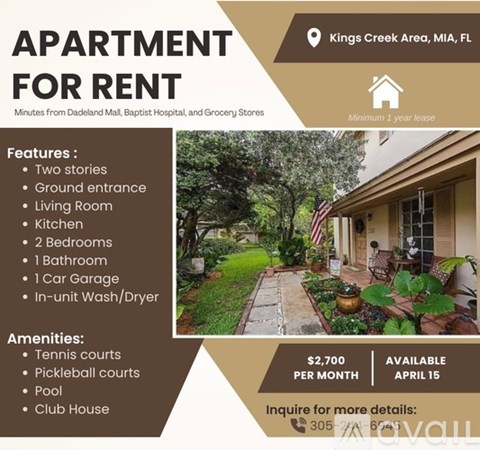Apartment for rent in Kings Creek Area, MIA, FL with amenities like tennis courts and pickleball courts.