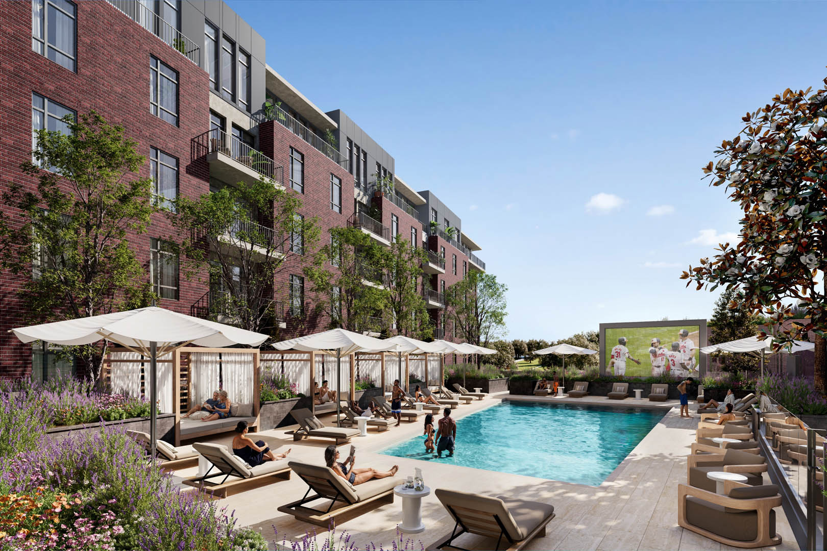 Saltwater pool and private cabanas at Sanctuary at Cross Keys in Roland Park, MD.