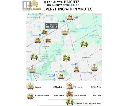 A map shows the location of Fanshawe Heights and the surrounding area, including schools, groceries, hardware stores, petrol stations, and parks and trails with their respective distances.
