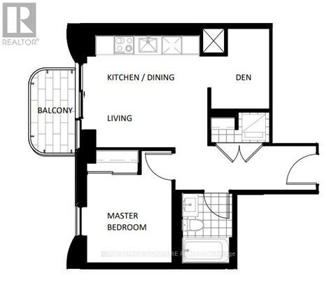 A black and white floor plan of an apartment with a kitchen, dining area, living room, balcony, and master bedroom.